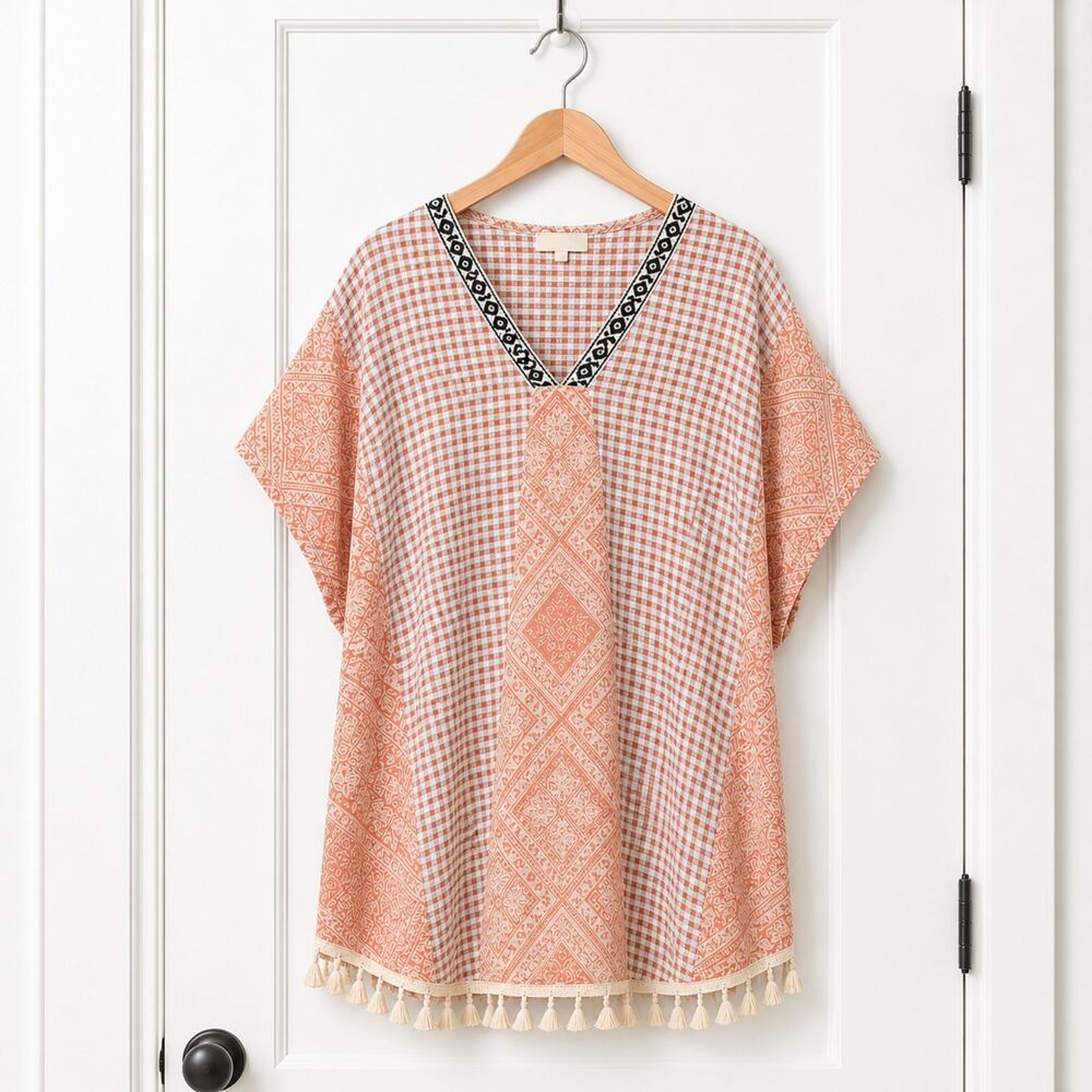 New GIGIO  L 12 14 16  Dusty Apricot Gingham Bandana Oversized Caftan Tunic Top - Picture 2 of 8
